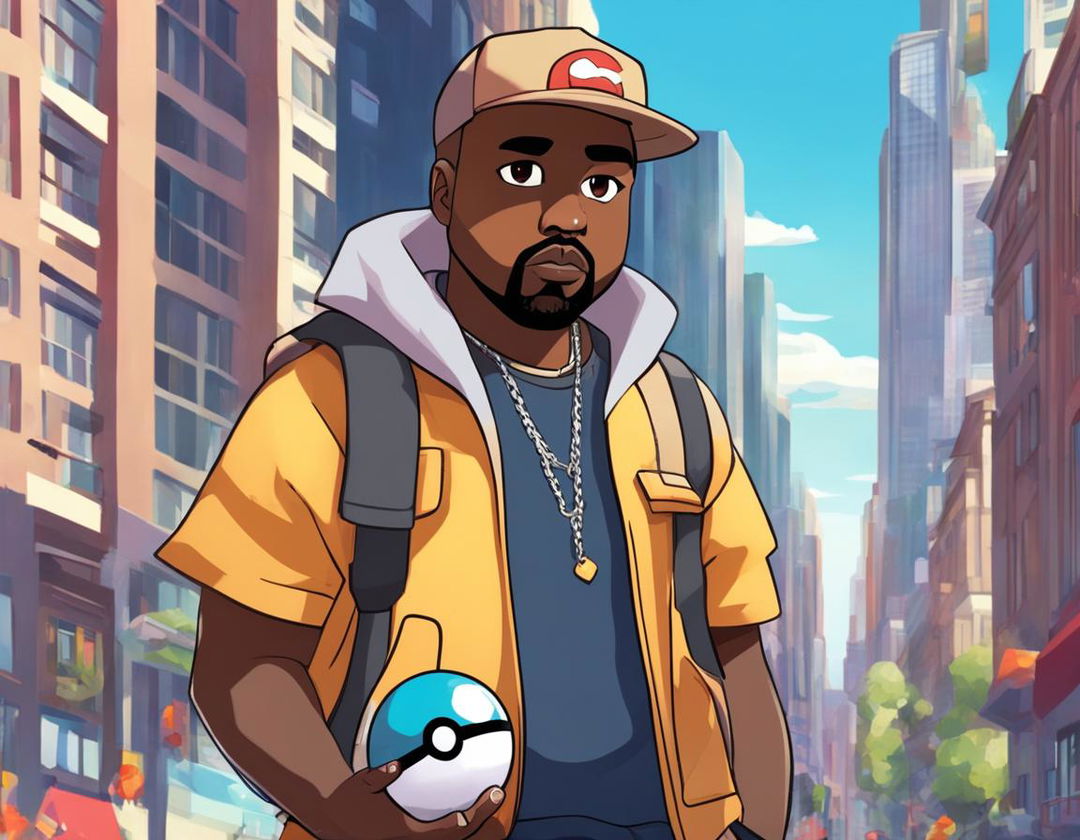 Kanye West as a Pokemon trainer in a futuristic outfit, holding a custom-designed Pokeball against a backdrop of the innovative Pokemon city