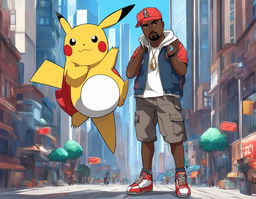 Kanye West as a Pokemon trainer in a futuristic outfit, holding a custom-designed Pokeball against a backdrop of the innovative Pokemon city