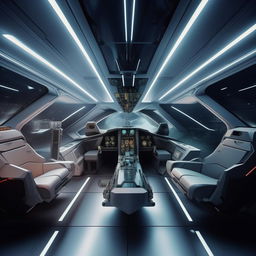 interior of futuristic fighter jet with glass panel demarcating front cabin from back cabin