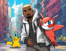 Kanye West as a Pokemon trainer in a futuristic outfit, holding a custom-designed Pokeball against a backdrop of the innovative Pokemon city