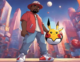 Kanye West as a Pokemon trainer in a futuristic outfit, holding a custom-designed Pokeball against a backdrop of the innovative Pokemon city