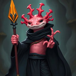 A tall and lanky humanoid axolotl wizard, confidently holding a vibrant coral spear