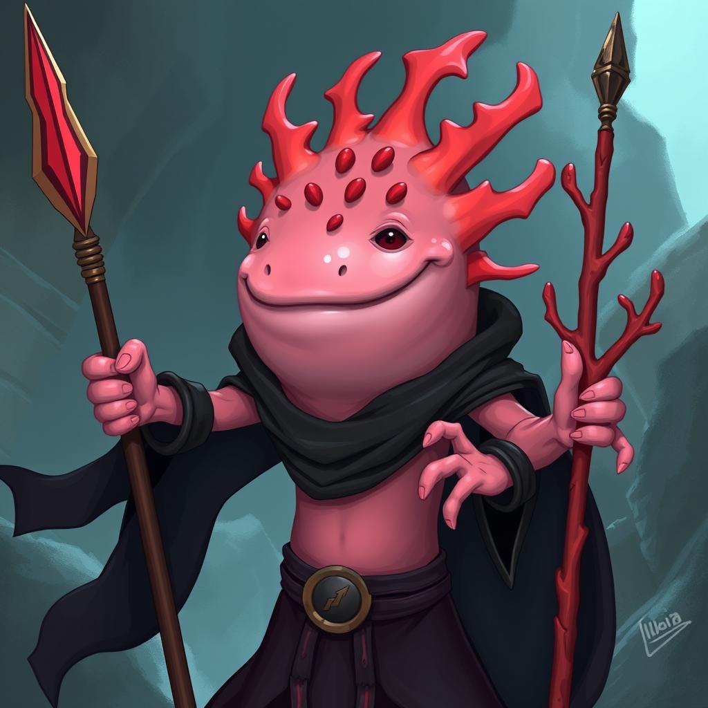 A tall and lanky humanoid axolotl wizard, confidently holding a vibrant coral spear