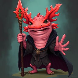 A tall and lanky humanoid axolotl wizard, confidently holding a vibrant coral spear