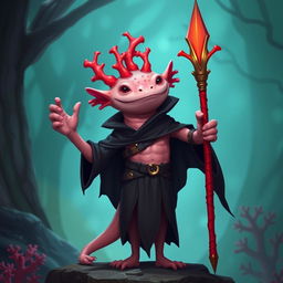 A tall and lanky humanoid axolotl wizard, confidently holding a vibrant coral spear