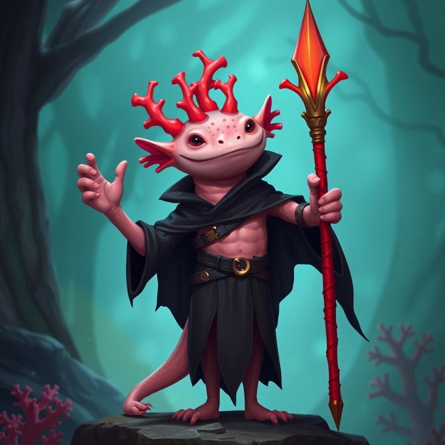 A tall and lanky humanoid axolotl wizard, confidently holding a vibrant coral spear