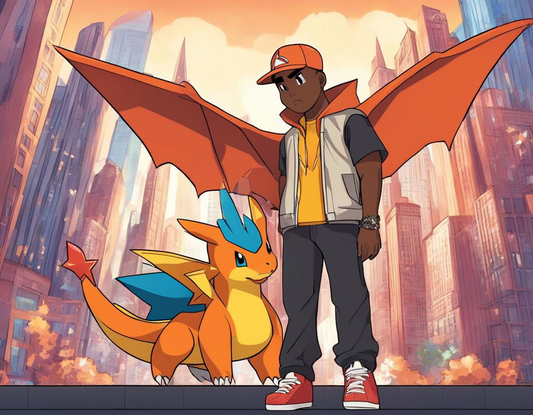 Kanye West as a Pokemon trainer with a Charizard, in a futuristic outfit, against a backdrop of the innovative Pokemon city.