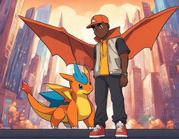 Kanye West as a Pokemon trainer with a Charizard, in a futuristic outfit, against a backdrop of the innovative Pokemon city.