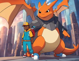 Kanye West as a Pokemon trainer with a Charizard, in a futuristic outfit, against a backdrop of the innovative Pokemon city.