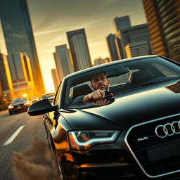 A gripping scene from 'The Transporter 5' featuring Jason Statham as Frank Martin, entangled in an action-packed car chase through a bustling city