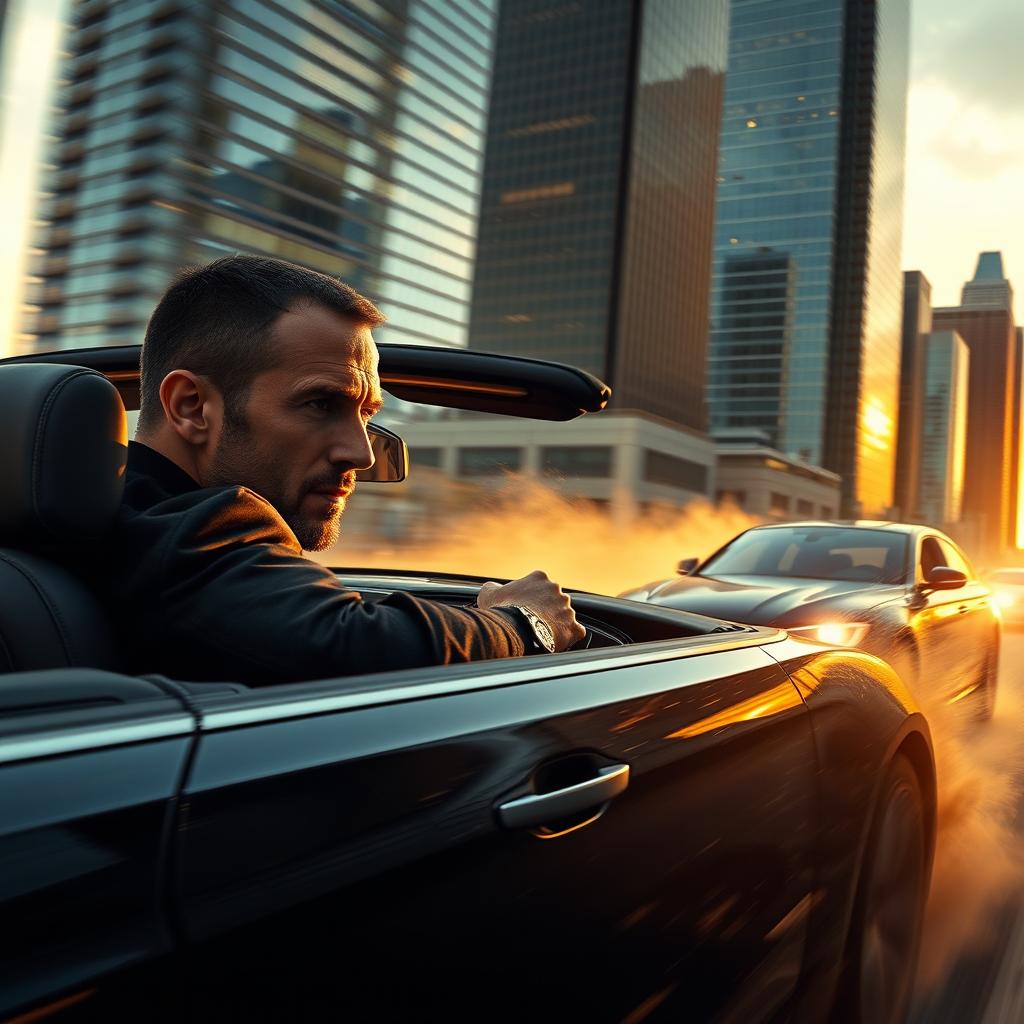 A gripping scene from 'The Transporter 5' featuring Jason Statham as Frank Martin, entangled in an action-packed car chase through a bustling city