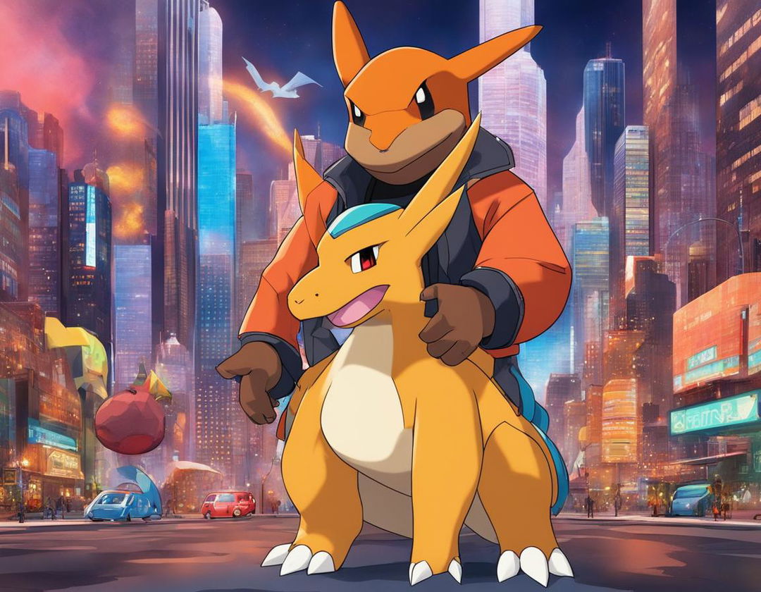 Kanye West as a Pokemon trainer with a Charizard, in a futuristic outfit, against a backdrop of the innovative Pokemon city.