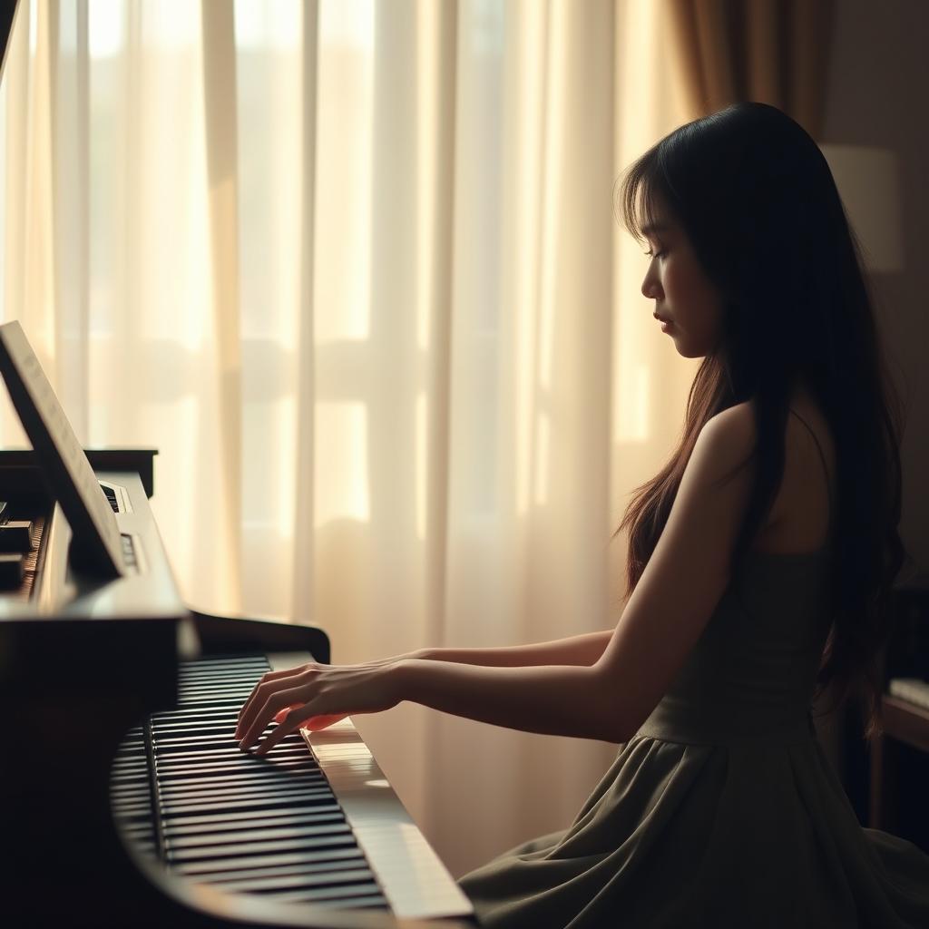 A beautiful Korean girl playing a grand piano, her delicate fingers dancing over the keys, with a deep expression of sadness on her face