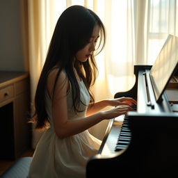 A beautiful Korean girl playing a grand piano, her delicate fingers dancing over the keys, with a deep expression of sadness on her face