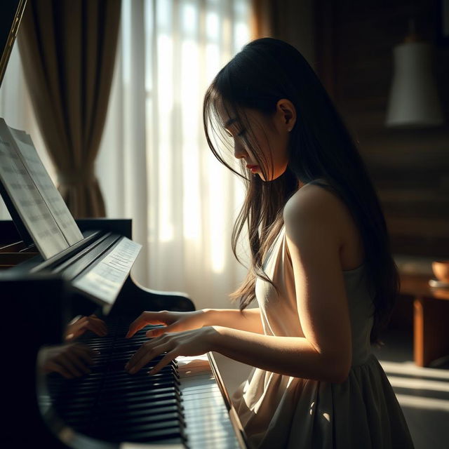 A beautiful Korean girl playing a grand piano, her delicate fingers dancing over the keys, with a deep expression of sadness on her face