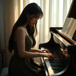 A beautiful Korean girl playing a grand piano, her delicate fingers dancing over the keys, with a deep expression of sadness on her face