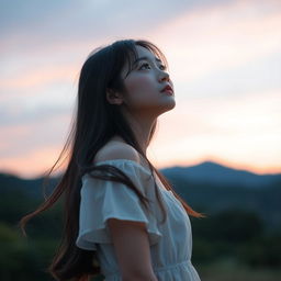 A beautiful Korean girl gazing up at the sky with a melancholic expression