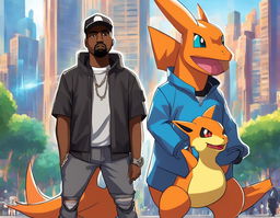 Kanye West as a Pokemon trainer with a Charizard, in a futuristic outfit, against a backdrop of the innovative Pokemon city.