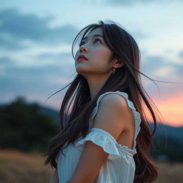 A beautiful Korean girl gazing up at the sky with a melancholic expression