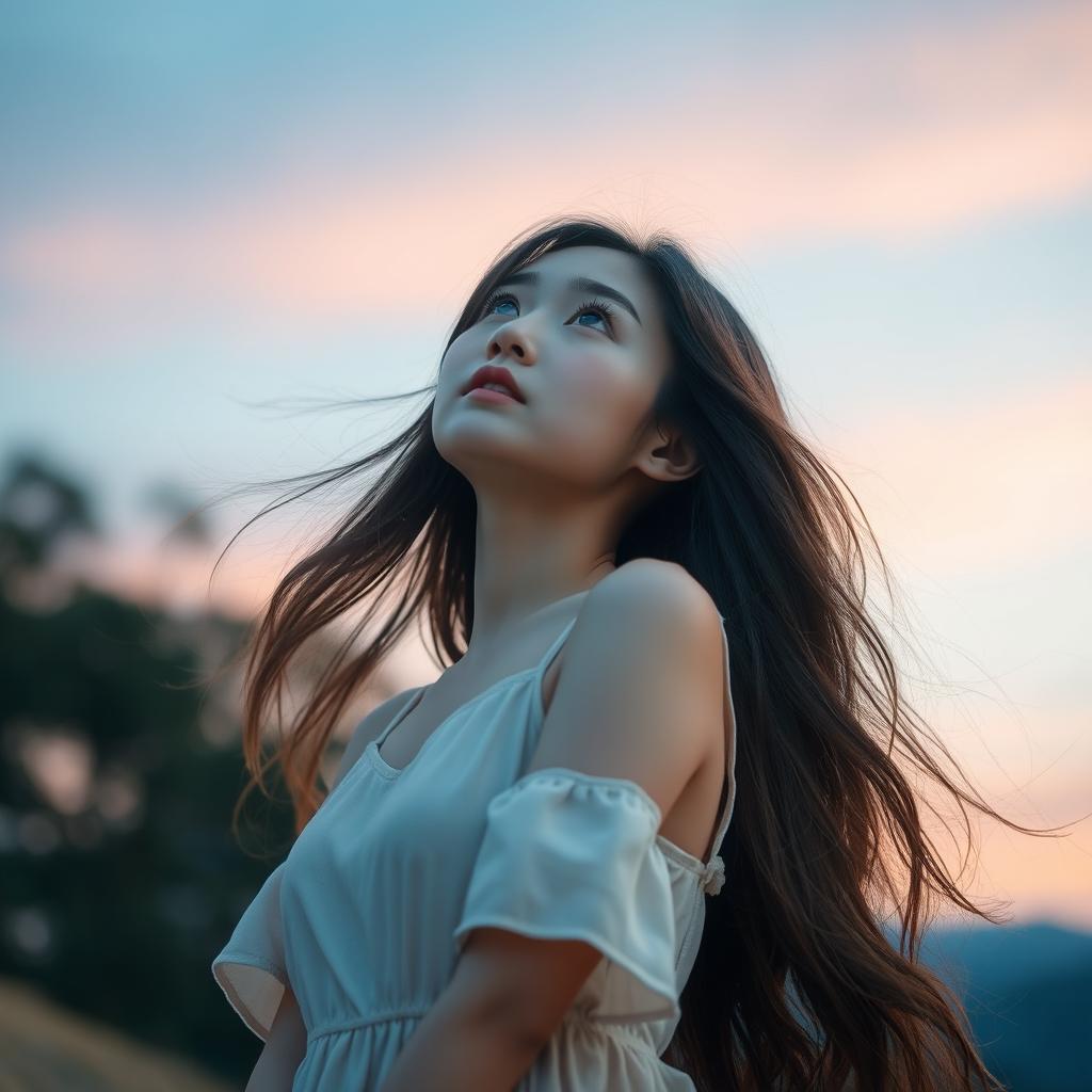 A beautiful Korean girl gazing up at the sky with a melancholic expression