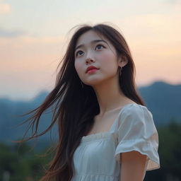 A beautiful Korean girl gazing up at the sky with a melancholic expression
