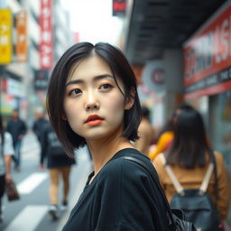 A Korean woman with a symmetrical face staring blankly at the street