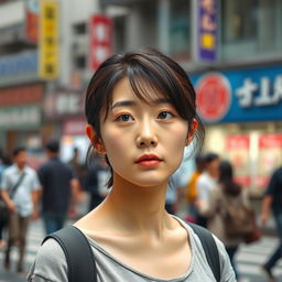 A Korean woman with a symmetrical face staring blankly at the street