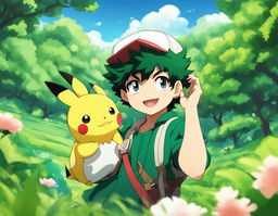 Midoriya Izuku from My Hero Academia portrayed as a Pokémon trainer with Pikachu in a lush green landscape.