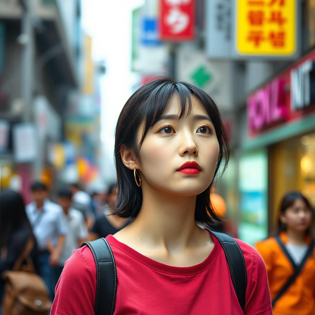 A Korean woman with a symmetrical face staring blankly at the street