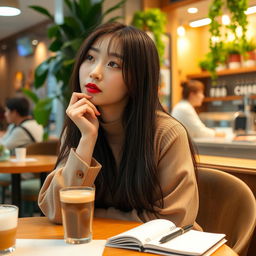 A Korean woman resembling Black Pink's Lisa, with long straight hair and stylish attire, sitting in a cozy cafe while daydreaming