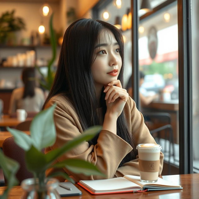 A Korean woman resembling Black Pink's Lisa, with long straight hair and stylish attire, sitting in a cozy cafe while daydreaming