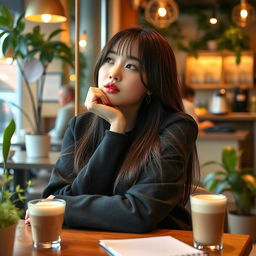A Korean woman resembling Black Pink's Lisa, with long straight hair and stylish attire, sitting in a cozy cafe while daydreaming
