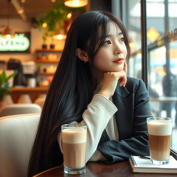A Korean woman resembling Black Pink's Lisa, with long straight hair and stylish attire, sitting in a cozy cafe while daydreaming