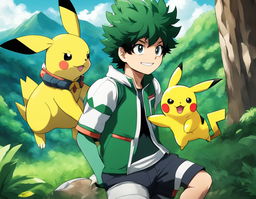 Midoriya Izuku from My Hero Academia portrayed as a Pokémon trainer with Pikachu in a lush green landscape.