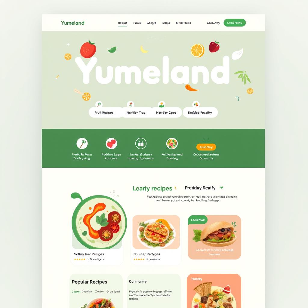 A sleek and modern website design for 'Yumeland', a fictional food-related platform