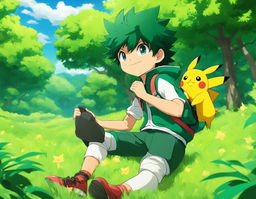 Midoriya Izuku from My Hero Academia portrayed as a Pokémon trainer with Pikachu in a lush green landscape.