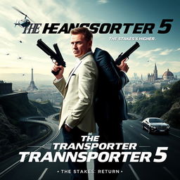 An elegant poster concept for 'The Transporter 5' (2025) featuring Frank Martin alongside a new character, potentially a protégé or rival played by a younger actor or actress