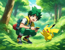 Midoriya Izuku from My Hero Academia portrayed as a Pokémon trainer with Pikachu in a lush green landscape.