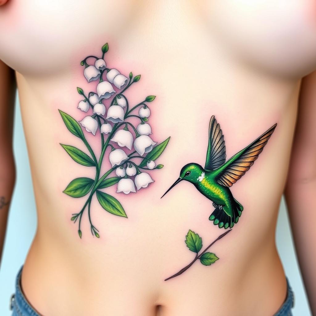 A realistic sternum tattoo designed to sit directly below the breasts, extending along the ribcage and upper stomach without touching the chest