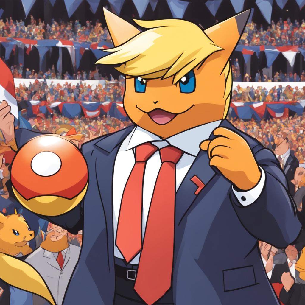 A Donald Trump-inspired Pokémon in a business suit with golden hair and orange skin, holding a Poké Ball against the backdrop of a political rally