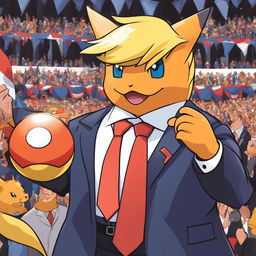 A Donald Trump-inspired Pokémon in a business suit with golden hair and orange skin, holding a Poké Ball against the backdrop of a political rally