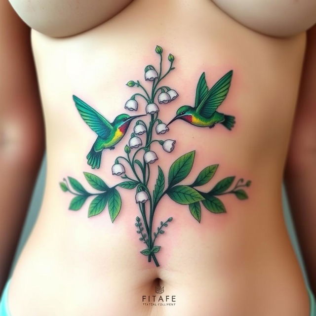 A realistic sternum tattoo designed to sit directly below the breasts, extending along the ribcage and upper stomach without touching the chest