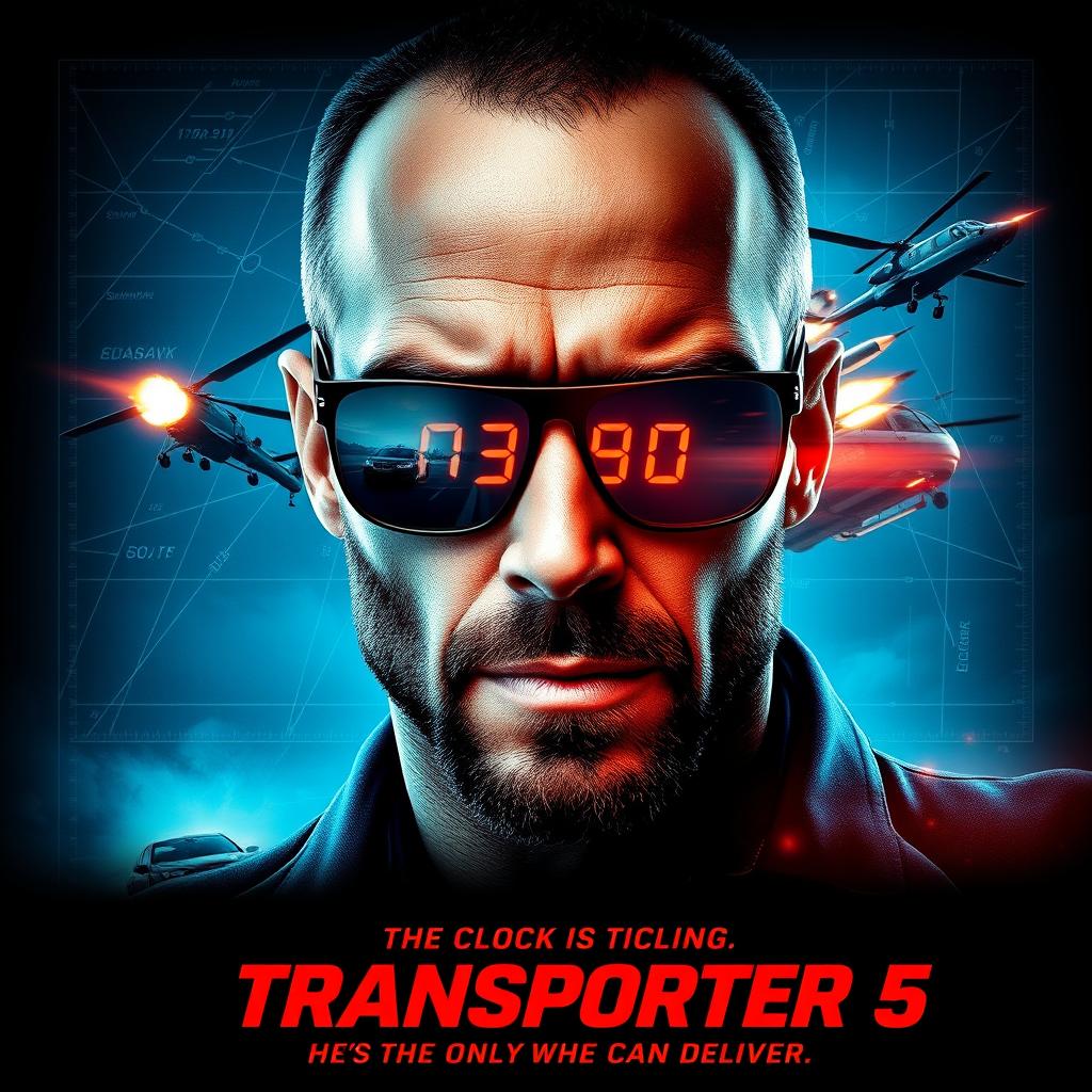 A striking poster concept for 'The Transporter 5' (2025) featuring a close-up of Jason Statham's face, capturing his calm yet intense expression