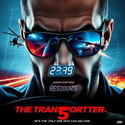 A striking poster concept for 'The Transporter 5' (2025) featuring a close-up of Jason Statham's face, capturing his calm yet intense expression