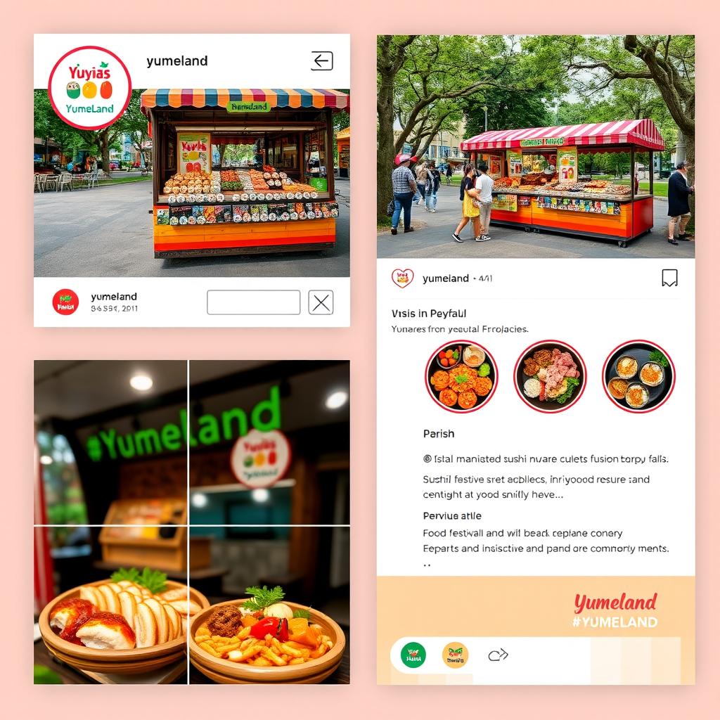 An Instagram page design for 'Yumeland', combining Asian and Peruvian influences, centered around the theme of a park