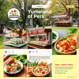 An Instagram page design for 'Yumeland', combining Asian and Peruvian influences, centered around the theme of a park
