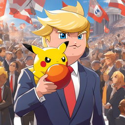 A Donald Trump-inspired Pokémon in a business suit with golden hair and orange skin, holding a Poké Ball against the backdrop of a political rally