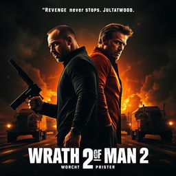 A gripping concept poster for 'Wrath of Man 2' (2024) featuring Jason Statham and Scott Eastwood standing back to back in the foreground, each holding a weapon