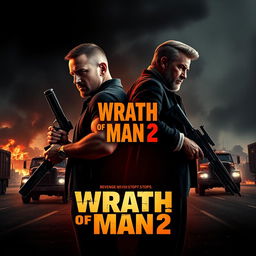 A gripping concept poster for 'Wrath of Man 2' (2024) featuring Jason Statham and Scott Eastwood standing back to back in the foreground, each holding a weapon