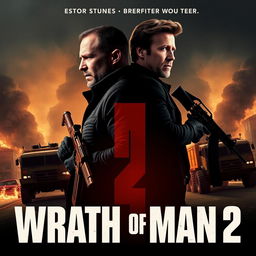 A gripping concept poster for 'Wrath of Man 2' (2024) featuring Jason Statham and Scott Eastwood standing back to back in the foreground, each holding a weapon